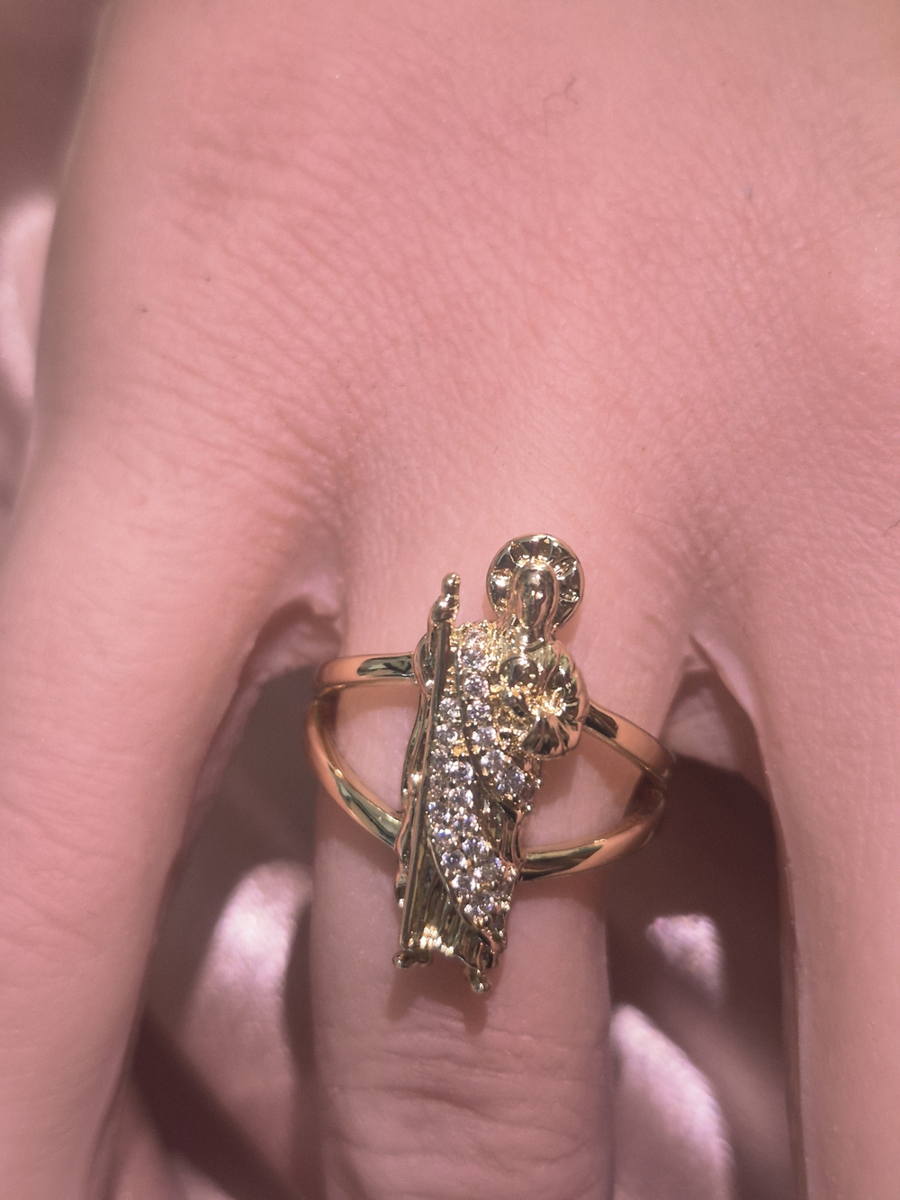 San Judas Tadeo 14K Gold-Plated Ring with Sparkling Stones